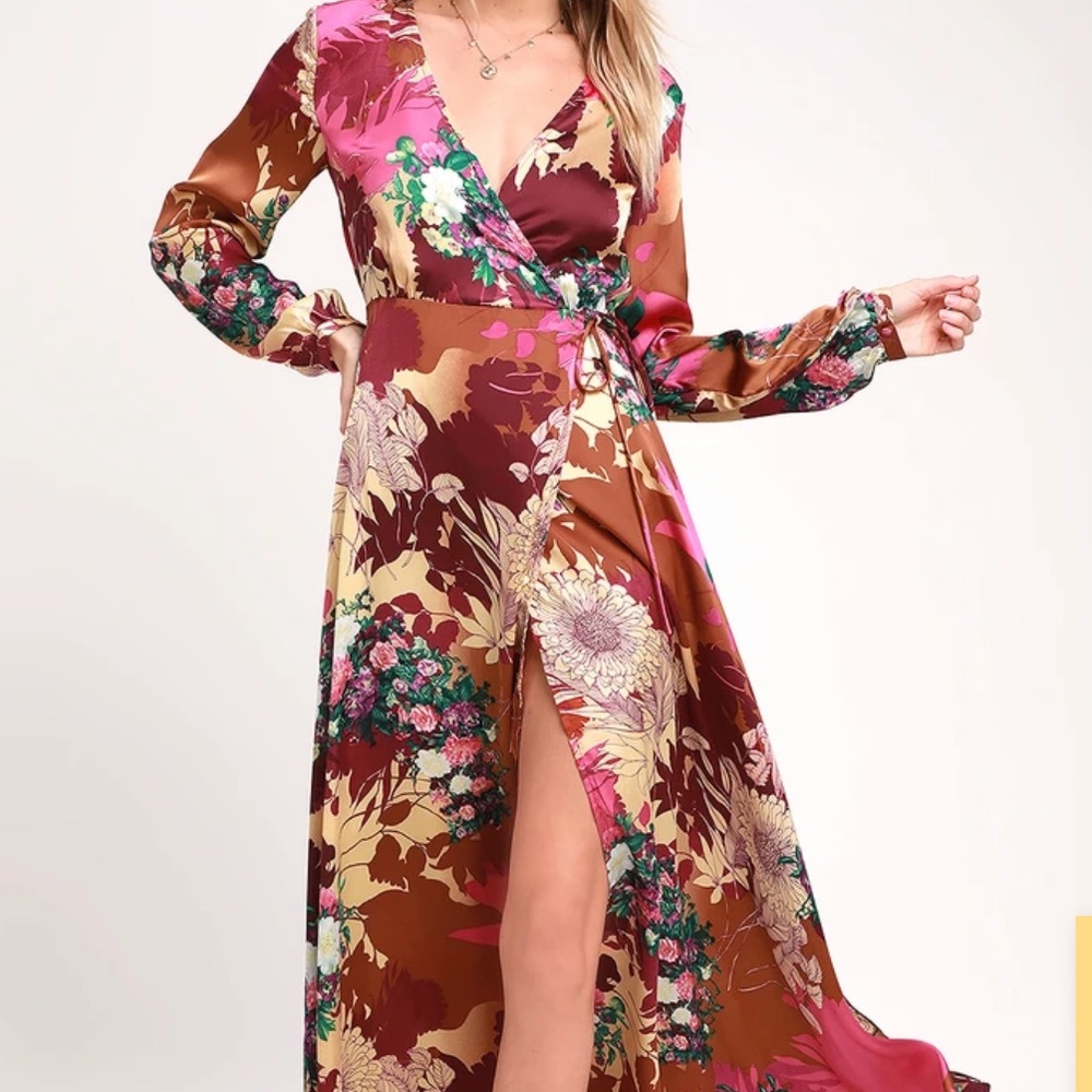 Lulus Put on a Smile Burgundy Floral Print Satin Wrap Maxi Dress